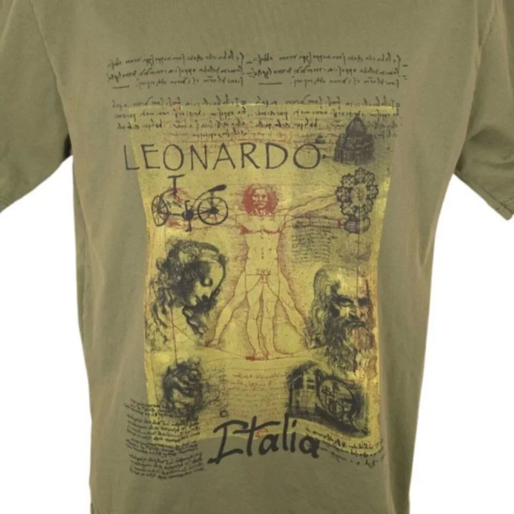 Vintage Leonardo Da Vinci T Shirt Mens Size Medium Green 90s Vitruvian Man Italy